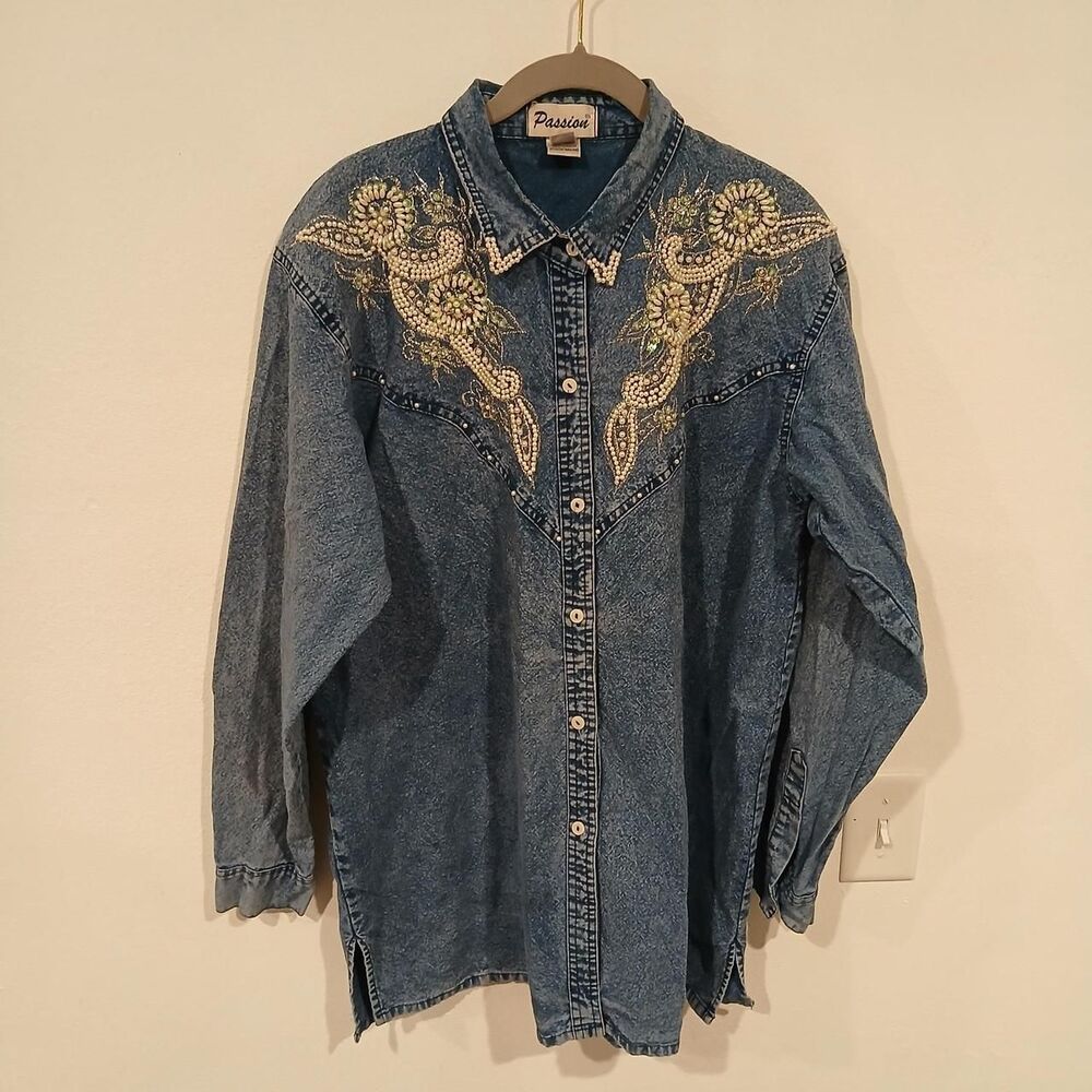 VTG Passion Blue Denim Button Up Shirt Beading Western Cowgirl